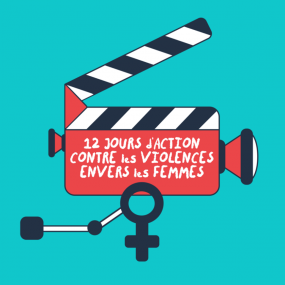 hybride d'une caméra et d'une claquette, avec le symbole féminin comme trépied