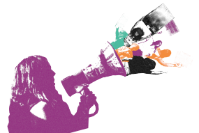 Illustration d'une femme qui tient un porte-voix. des manifestantes semblent sortir du porte-voix.