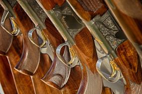 Gros plan sur des fusils de chasse identiques placés en rangée.