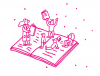 Illustration au trait rose de personnes qui lisent des livres dans différentes positions. Les personnes se tiennent sur les pages d'un livre ouvert